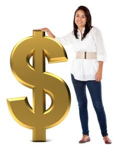 Girl leaning on a dollar sign isolated over a white background