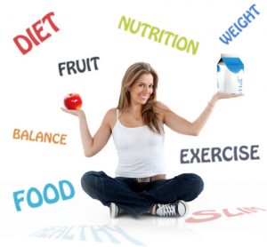 Beautiful woman smiling with diet and nutrition words on the background